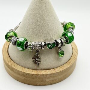 St. Patrick's Day Lucky Charm Green Apple Beaded Silver Tone Adjustable Bracelet